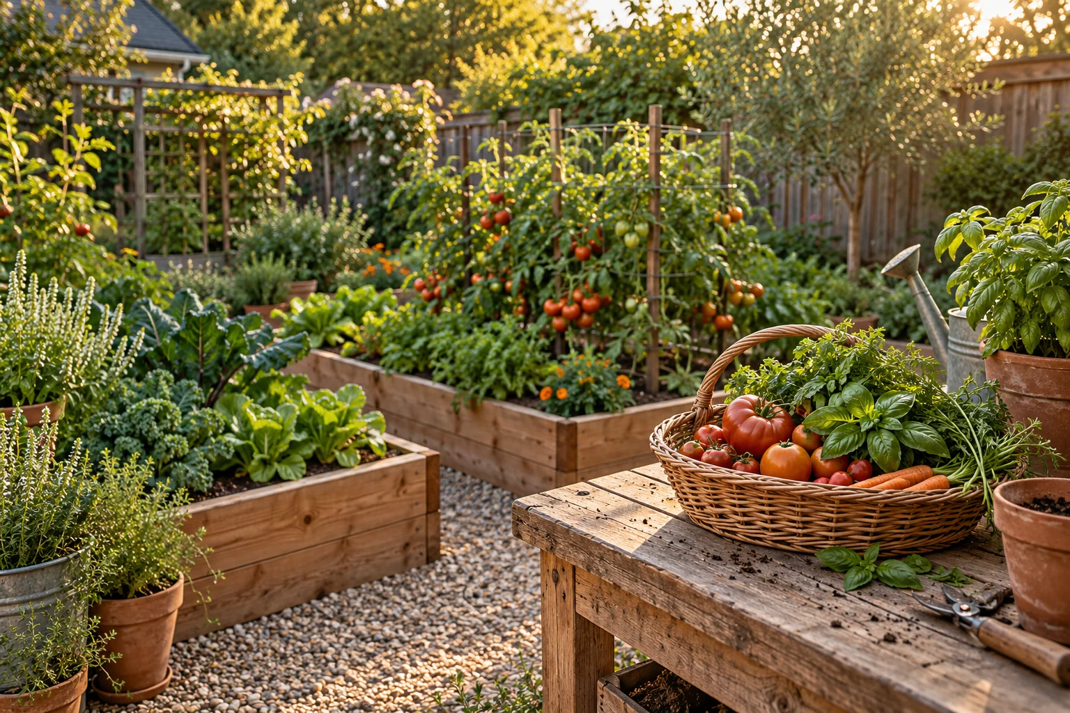 A warm garden scene with raised vegetable beds and a basket of fresh produce